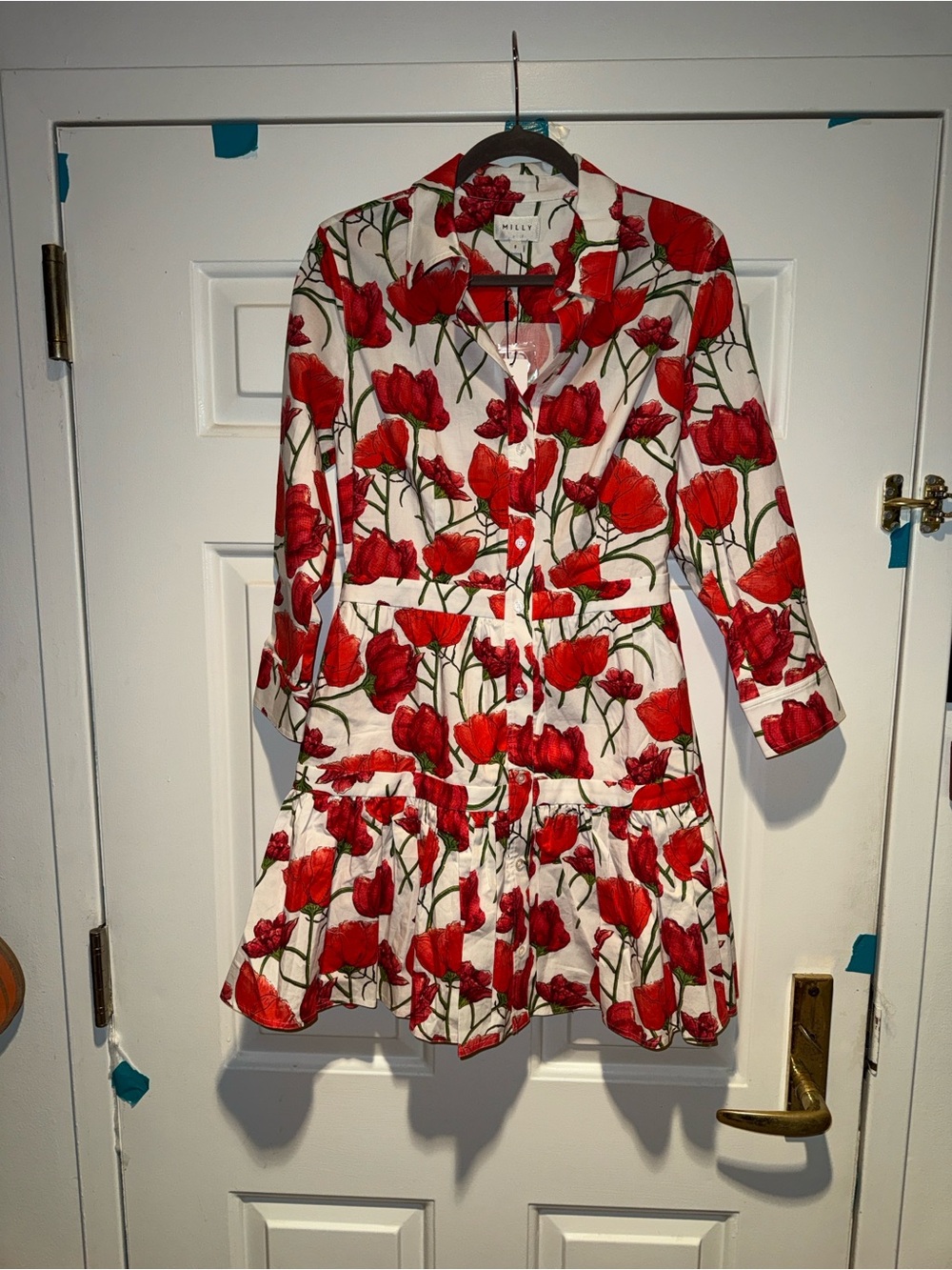 MILLY White & Red Floral Shirt Dress